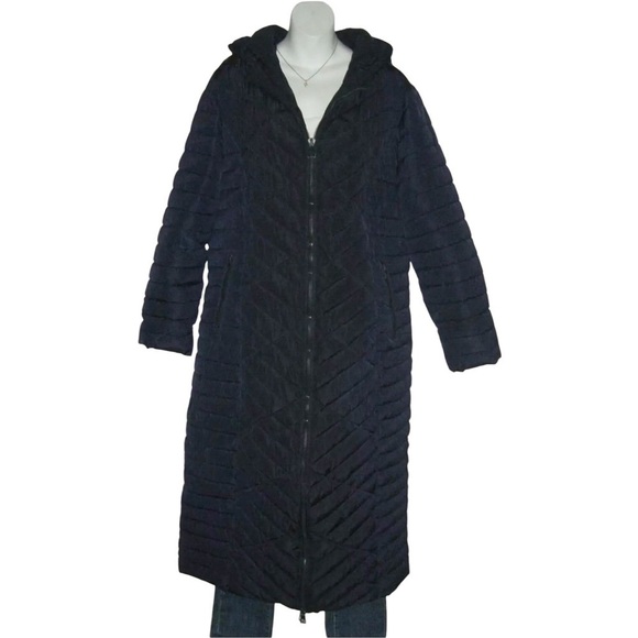 Elora Coat Puffer Long Full Length Warm Ski Winter Vacation Navy Blue Heavy Hood - Picture 16 of 16